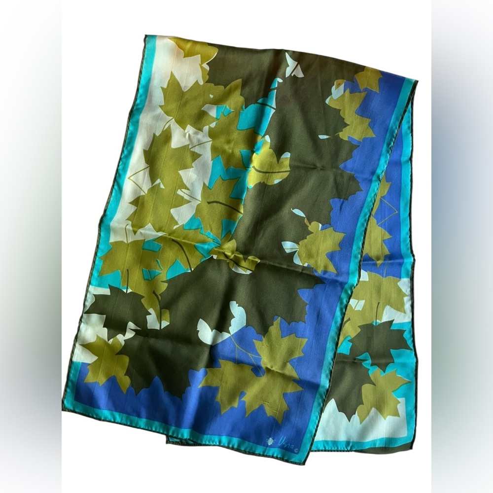 Vintage 1970s Vera Neumann Scarf Oblong Blue Green Maple Leaves Acetate 13 X 42